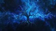 A dark abstract background illustration of a tree with blue energy-infused roots.