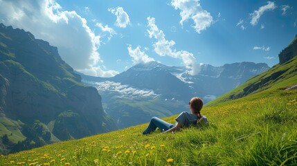 Wall Mural - a hiker resting peacefully, lying on the lush green grass in the serene valley of a towering mountain, surrounded by breathtaking natural beauty.