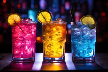 Wall Mural - three colorful summer tropical cocktails with ice on bar counter  with neon light