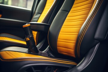Poster - A detailed view of a yellow and black car seat. Perfect for automotive websites or blogs