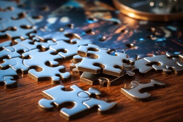 Poster - A pile of puzzle pieces sitting on top of a wooden table. This versatile image can be used for various concepts and themes