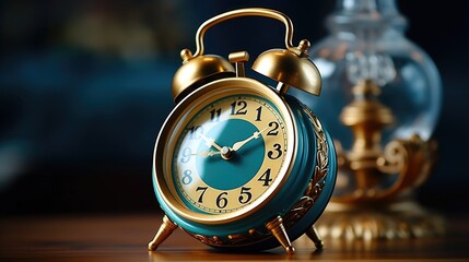 Poster - An alarm clock sitting on top of a wooden table. Perfect for illustrating time management and morning routines