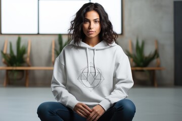 Canvas Print - A woman wearing a white hoodie sitting on the floor. This versatile image can be used for various purposes