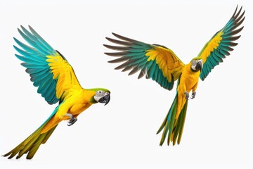Poster - Two yellow and blue parrots flying gracefully in the air. Perfect for nature and wildlife enthusiasts, tropical themes, or bird-related designs