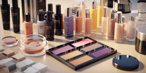 Poster - A table filled with a variety of makeup and cosmetics products. Perfect for beauty bloggers, makeup artists, or anyone in need of high-quality beauty images