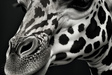 Aufkleber - A close-up view of a giraffe's face against a black background. Suitable for various uses