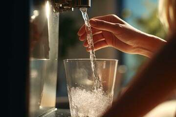 Poster - A person filling a glass with water from a faucet. Suitable for illustrating water consumption or daily activities.