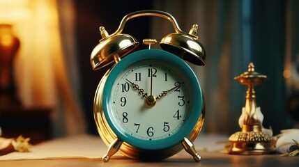 Poster - A clock sitting on top of a table next to a lamp. Suitable for home decor or interior design concepts