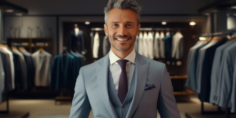 Aufkleber - A man in a suit stands in front of a rack of shirts. This image can be used to showcase men's fashion or as a visual representation of a clothing store
