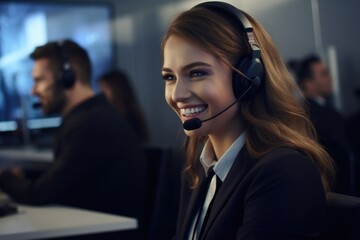 Poster - A woman wearing a headset working in a call center. This image can be used to depict customer service, telemarketing, or telephone communication