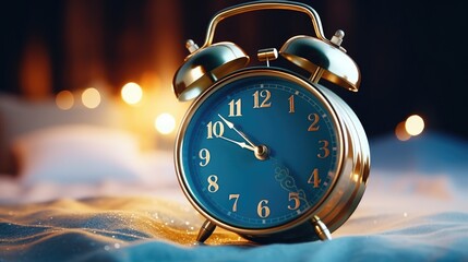 Poster - An alarm clock sitting on top of a bed. This image can be used to represent waking up, morning routines, time management, or sleep-related concepts