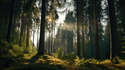 Poster - Sunlight shining through the trees in the forest. Perfect for nature and outdoor themed projects