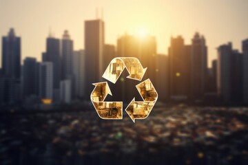 Poster - A city skyline with a prominent recycle symbol in the foreground. This image can be used to highlight the importance of recycling in urban environments