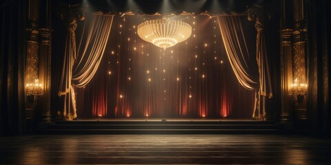 Poster - A stage with a chandelier and red curtains. Suitable for theater, opera, or dance performance.