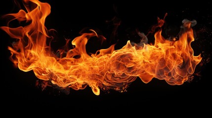 Poster - Close-up view of a fire burning on a black background. This image can be used to depict concepts such as warmth, energy, danger, or destruction