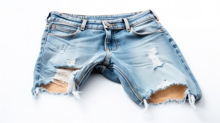 Aufkleber - Ripped denim shorts laid out on a clean white surface. Versatile and trendy, suitable for fashion or lifestyle-related projects