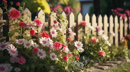 Poster - A picturesque garden with a charming white picket fence surrounded by vibrant pink and white flowers. Perfect for adding a touch of beauty and tranquility to any project or design
