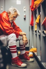 Poster - A man is depicted sitting on a bench inside a locker. This image can be used to represent solitude, confinement, or a break from daily activities