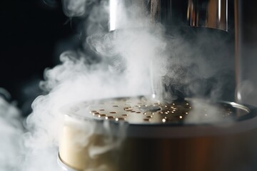 Poster - A picture of a steaming pot with steam coming out of it. Perfect for illustrating cooking, food preparation, and kitchen-related concepts