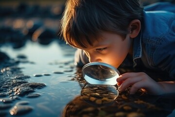 Aufkleber - A young boy is using a magnifying glass to explore the world around him. This image can be used to depict curiosity, exploration, and learning