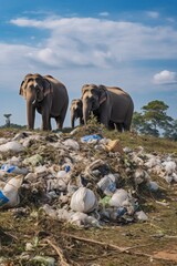 Poster - Two elephants standing on top of a pile of trash. Suitable for environmental and conservation themes