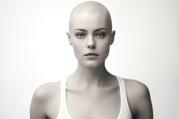 Aufkleber - A woman with a bald head wearing a white tank top. Versatile image for various uses