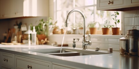 Poster - A kitchen sink with water running over it. This image can be used to depict water wastage, plumbing issues, or the concept of cleanliness and hygiene