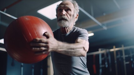 Poster - A man is seen holding a red ball in a gym. This versatile image can be used to depict fitness, exercise, sports, or recreational activities