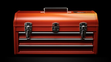 Fototapete - A red tool box placed on a sleek black floor. Perfect for illustrating organization, DIY projects, or professional tool usage