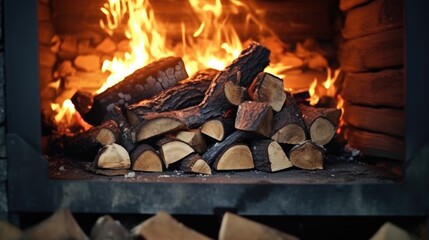 Poster - A pile of wood sitting in front of a fire. Perfect for cozy winter scenes and rustic home decor