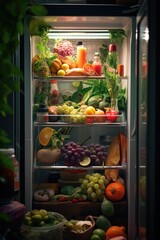 Poster - Fresh and healthy fruits and vegetables stored in a refrigerator. Ideal for illustrating a balanced diet or promoting healthy eating habits