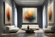 © Philip J Openshaw  - living room with grey modern furniture with modern abstract expressionist paintings hanging in frames on the walls