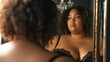 A plump black woman in front of a mirror looks at her body. A plus size model in front of a mirror in her lingerie feels body-positive. A fat woman looking at herself in the mirror Generative ai