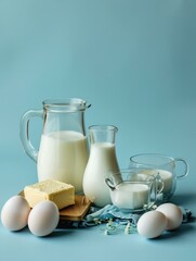 Canvas Print - Various dairy products including milk, eggs and butter on a blue background. Generative AI.