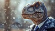 A dinosaur wearing a suit and tie in the snow. Generative AI.