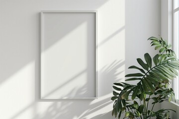 Wall Mural - White rectangular vertical frame hanging on a white wall mockup