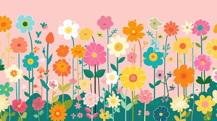 Wall Mural - kids wallpaper of flowers, flat design, colorful