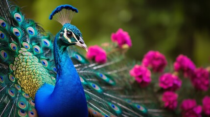 Portrait of a beautiful peacock with loose feathers in a blooming garden, nature.