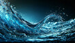 Dynamic water splash forming a fluid wave, with vivid blue tones and transparent droplets in a freeze-motion, symbolizing purity and movement.Background concept. AI generated.