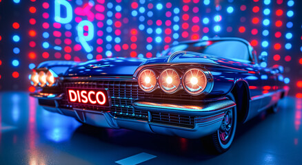 Wall Mural - disco background with vintage car in shiny blue and purple neon lighting, disco party, nightclub