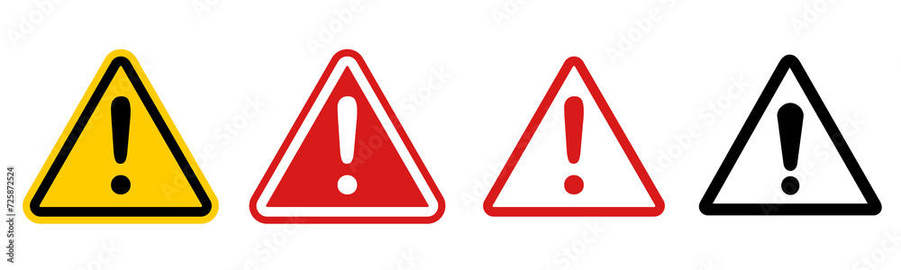 Danger warning icon set on transparent background, yellow, red, white ...