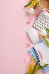 Wall Mural - Elegance at work: celebrating the essence of Women's Day. Top view vertical shot of keyboard, coffee, hearts, pen, notepads, computer mouse, flowers on pink background with space for festive text