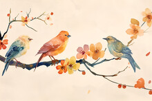 Colorful Birds In A Simplistic Japanese Fine Art Scientific Water Color Illustration