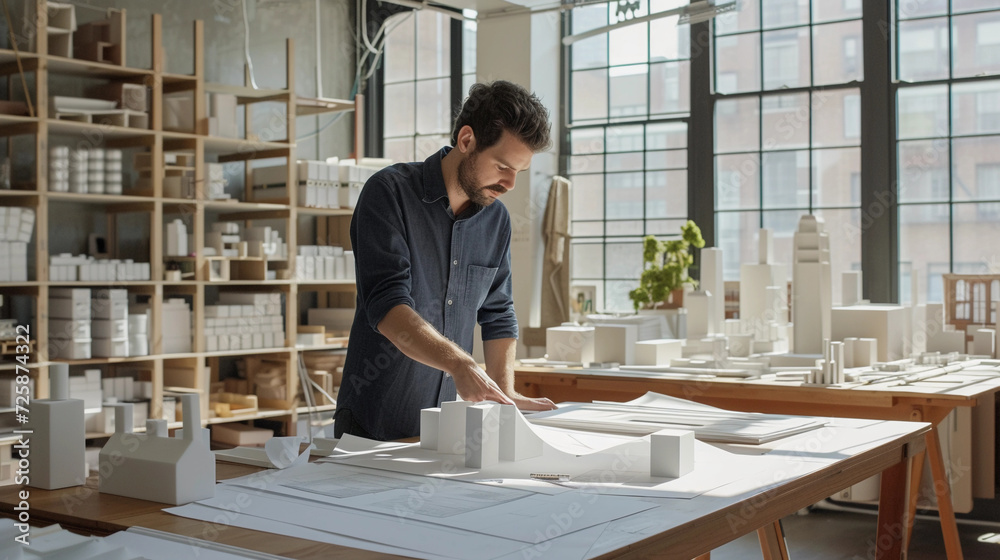 architect reviewing blueprints on a large drafting table, scale models of buildings in the background, a well-lit studio with large windows