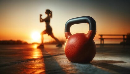 Poster - Closeup of a kettlebell with a person exercising in the background, promoting a healthy lifestyle and bodybuilding