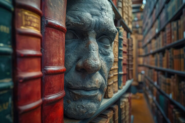Poster - Figures in a library engrossed in books, their faces hidden by the covers and pages. Concept of hidden intellectual pursuits. Generative Ai.