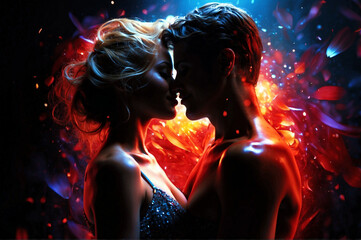 Wall Mural - couple before kiss, sparkles and fire around them. Picture about sex, feelings, tantra, valentines day. Generative AI