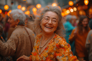 Sticker - An image of a group of seniors engaged in a lively dance, showcasing the vibrancy and joy of social activities in later years. Concept of active and joyful aging. Generative Ai.