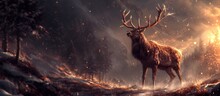 Epic Deer Animal Fantasy In Dramatic Background. AI Generated Image