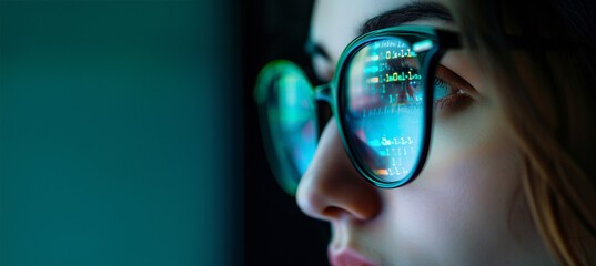 Poster - Girl works on internet. Reflection at the glasses from laptop..Close up of woman's eyes with black female glasses for working at a computer. Eye protection from blue light and rays.